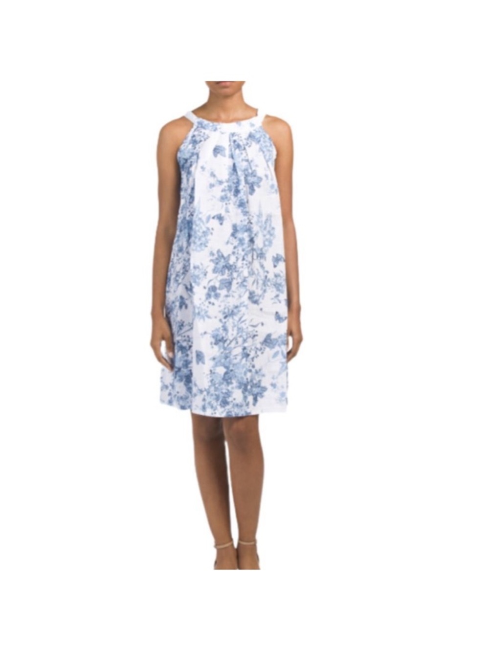 Bellambia Sleeveless White and Blue Floral Halter Mini Dress